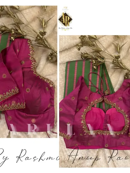 A pink blouse with a heart-shaped cutout at the back, framed with delicate zardosi work. The sleeves have scattered butis for a simple and pretty look.