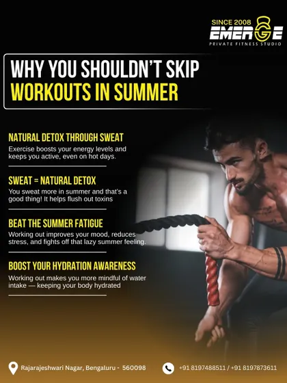 Don't skip your workouts this summer. Sweating is a natural detox, exercise beats fatigue, and working out boosts your mood. Stay consistent and strong.