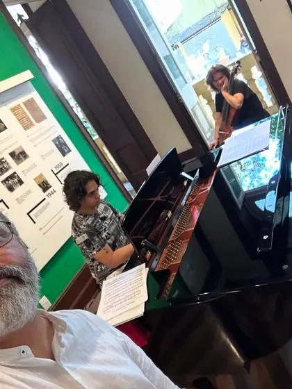A selfie during our rehearsal in Rio. It's a special feeling to prepare for a concert as a family, blending sitar, cello, and piano.