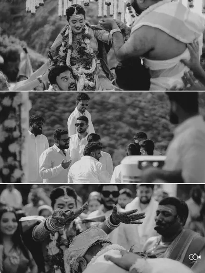 A black and white triptych of candid moments from the wedding ceremony, capturing rituals and guest reactions.