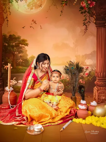 Another artistic edit from the Yashoda and Krishna series, this one set against a painted backdrop of a palace and moonlit sky, creating a storybook feel.