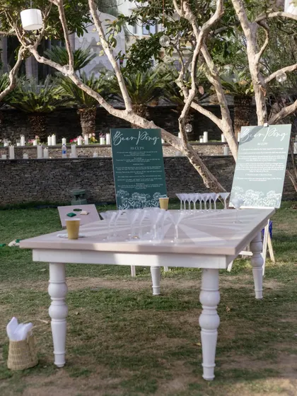 A custom beer pong table set up for a relaxed welcome dinner. We love incorporating casual, fun activities that encourage guests to mingle and enjoy themselves.