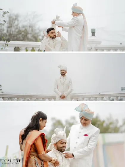 A collage showing the intimate moments of the groom getting ready with the help of his parents.