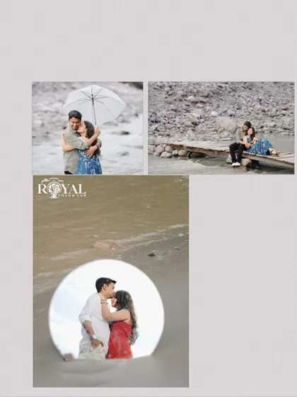 A collage that creatively uses a mirror to reflect a couple's kiss, combined with other romantic shots from their session.