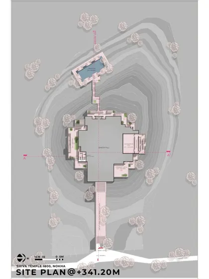 The site plan for the 'SHIVA 1800' project. It illustrates the layout of the temple, the new multi-purpose halls, and the stepped water reservoir, all integrated into the desert landscape.