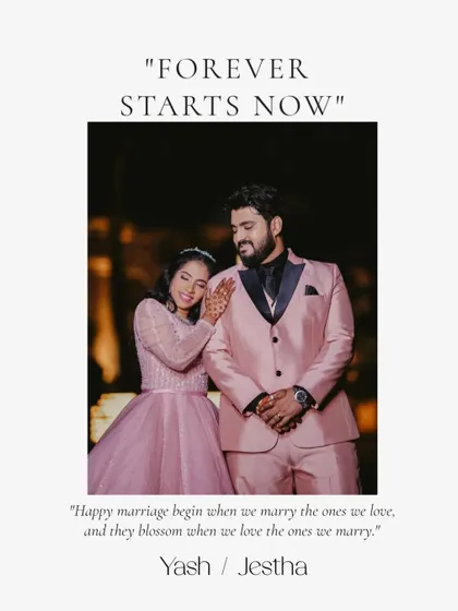 A beautiful reception portrait with the tagline "Forever Starts Now." The image captures the couple in a loving pose, ready to begin their new life together.