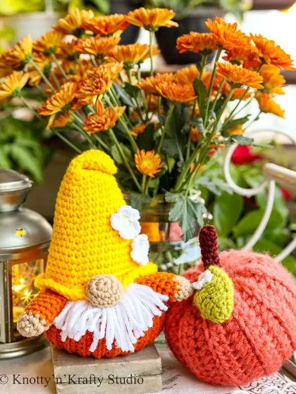 My Pumpkin Gnome with a vibrant orange pumpkin. They make such a cheerful pair.