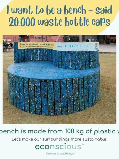 "I want to be a bench," said 20,000 waste bottle caps. This graphic illustrates the story behind our products, turning a collective of small waste items into a large, useful object.