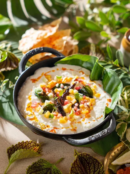 A bowl of curd rice set against a lush, green background. We use creative propping and environments to tell a story and enhance the mood of the dish.
