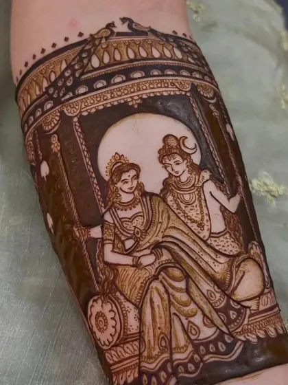 For brides who want a touch of the divine, I specialize in spiritual portraits like this beautiful depiction of Radha and Krishna on a swing, bringing blessings to your new beginning.