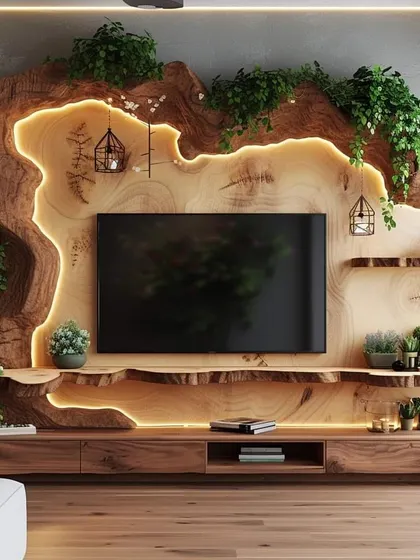Bringing nature indoors with this unique, organic-shaped TV unit. The live-edge wood design is backlit with LEDs and adorned with plants, creating a living piece of art that is both beautiful and functional.