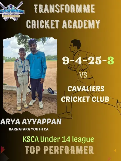 Arya Ayyappan's tight bowling spell, taking 3 wickets in the KSCA U-14 league.