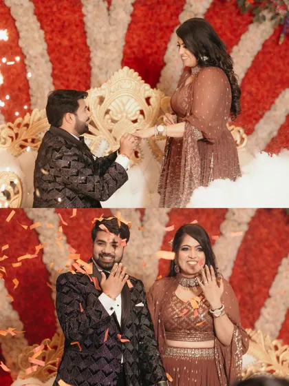 The ring exchange moment during an engagement ceremony, followed by a joyful shot of the couple showing off their new rings under a shower of confetti.