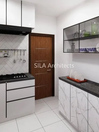 A kitchen design proposal for a client in Vizag, featuring a black-and-white theme with marble-finish cabinets and a herringbone-patterned backsplash.