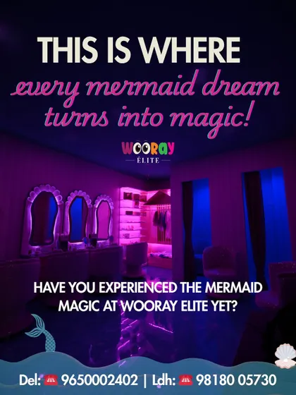 Our 'Mermaids of Wooray' studio is where magic happens. The purple and blue ambient lighting creates an enchanting underwater world for an unforgettable mermaid transformation experience.