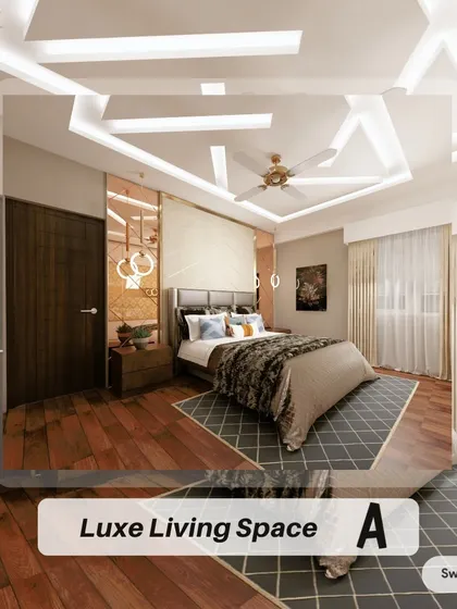 This luxe living space features a stunning bronze mirror headboard framed with metal, creating a focal point of timeless elegance. Symmetrical bedside tables, hanging lights, and a gypsum false ceiling complete the room's lavish atmosphere.