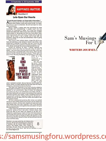 A repeat of my column "Lets Open Our Hearts," emphasizing the need for kindness, especially towards those who may seem unkind.