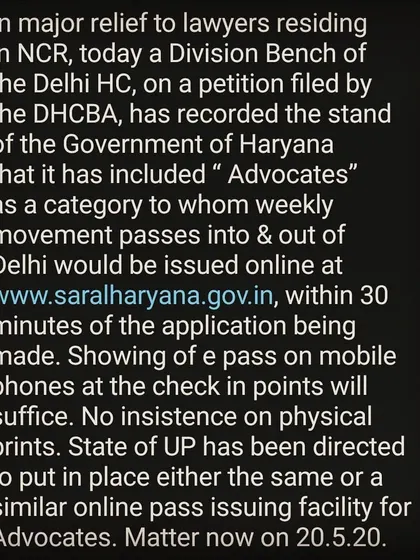 This notice from the Delhi High Court Bar Association was a welcome relief for lawyers in the NCR during the lockdown. It facilitated movement for legal work, demonstrating how bar associations and courts can collaborate to address practical challenges faced by the legal fraternity.