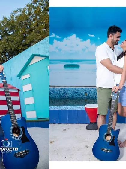 A two-panel shot showing a romantic moment at a poolside set designed to look like a beach. Using props like a guitar adds to the relaxed, vacation feel.