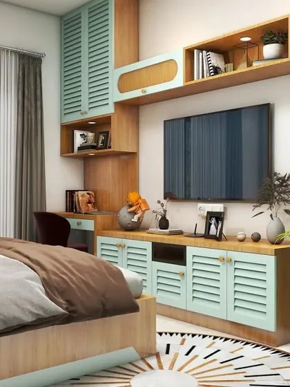 A duplicate of ID 146, focusing on the integrated TV and study unit that maximizes functionality in the bedroom.