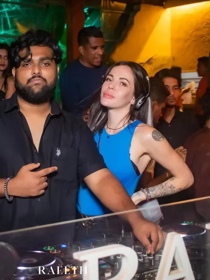 Posing with a fellow DJ at Raeeth in Goa. We love connecting with other artists in the music community.