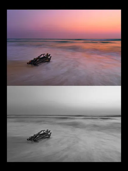 A comparison between a color and monochrome version of a long exposure seascape at Hejamady beach. While many prefer the vibrant sunset, the black and white version offers a minimalist and timeless quality.