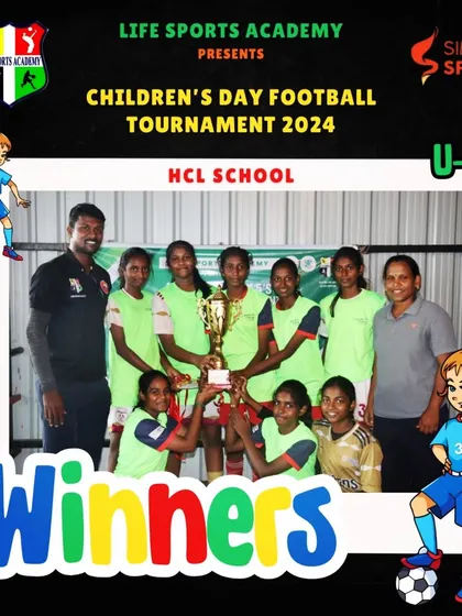 The U-15 winners celebrate their victory at the Children's Day Football Tournament. Success at this level helps build confidence and motivates young athletes to continue pursuing their passion for sports.
