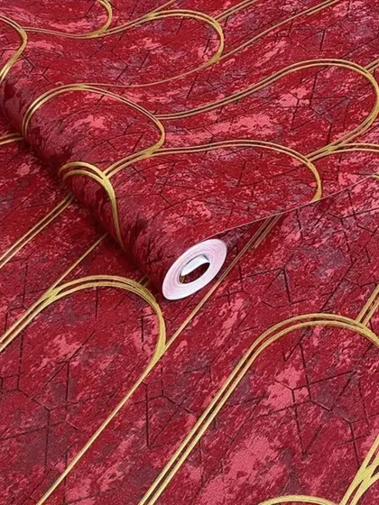 A bold red version of the art deco scallop wallpaper with gold lines, perfect for a statement wall.