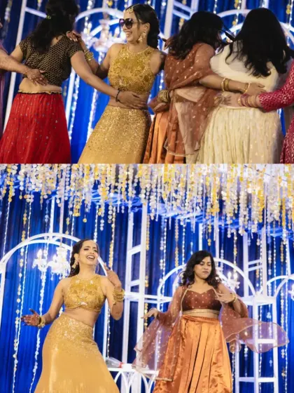 This collage captures the dynamic energy of a sangeet we choreographed. From group performances to the bride leading her friends, our goal is to fill the evening with non-stop dance and celebration.
