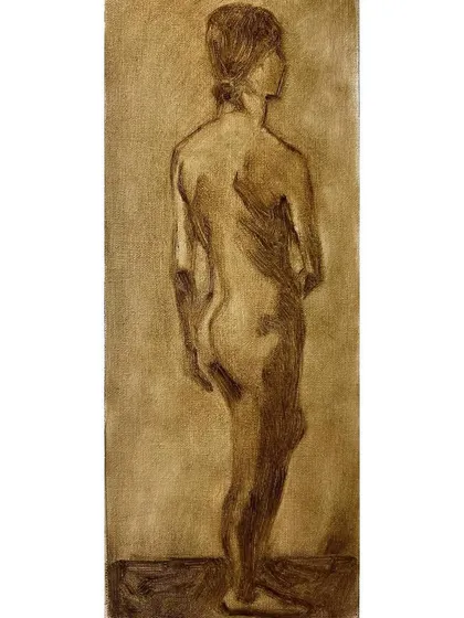 A figure study in oil on linen, practicing what I learned in a workshop. This is the underpainting, focusing on drawing and value before adding color. The reference is from the Florence Academy of Art.
