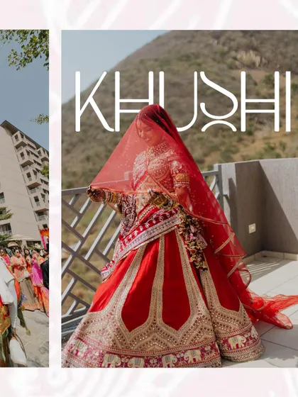 A collage focusing on the bride's stunning red lehenga and her graceful presence. It captures her beauty from different angles, including a beautiful shot of her veil.