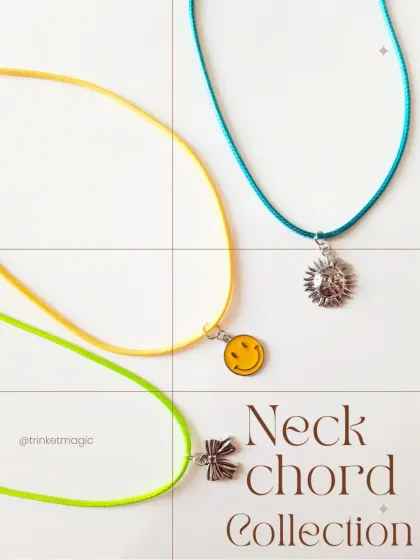 Three of my favorite designs from the Neck Chord Collection: a yellow smiley, a green bow, and a teal sun. So fun to mix and match.