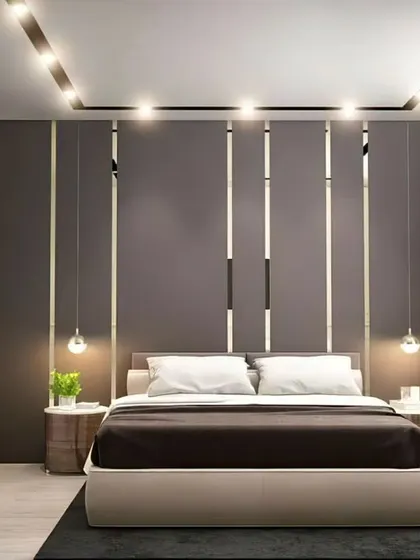 A duplicate of image 81, this view shows the balanced and modern aesthetic of the bedroom. The combination of the feature wall, track lighting, and minimalist furniture creates a cohesive and stylish design.