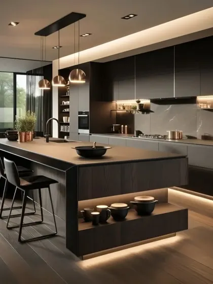 A luxurious open-concept kitchen featuring a large island with an integrated sink and bar seating. The dark wood cabinetry and ambient lighting create a sophisticated and inviting atmosphere perfect for entertaining.