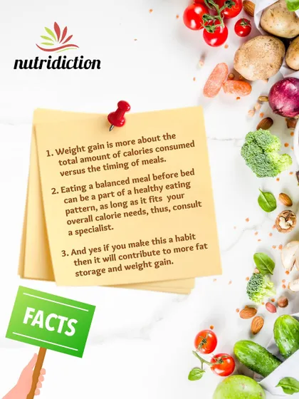This graphic lays out the facts about late-night eating, explaining that while habit matters, it's the total calorie intake that is the primary driver of weight gain.