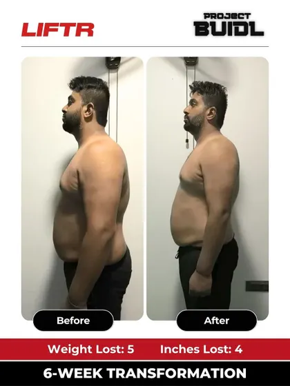 Syed's side-profile transformation shows a solid 5 kg weight loss and 4-inch drop in just six weeks.