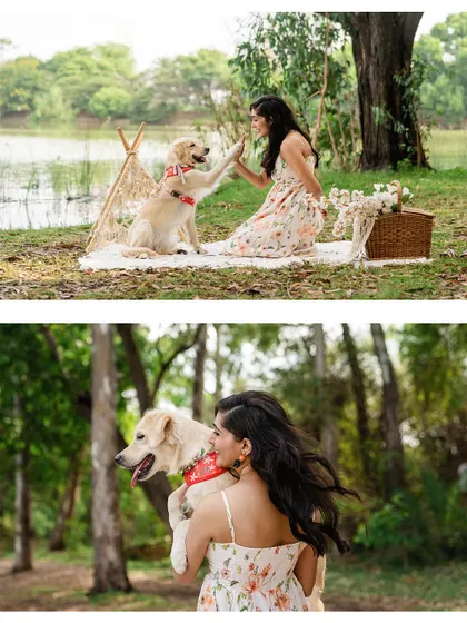 A collage from a Mother's Day mini-session, showcasing the beautiful outdoor picnic setup and the happy moms and dogs who participated.