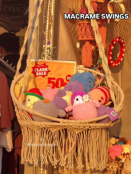 A macrame swing chair filled with our colorful plushies was a big attraction at one of our stalls. It perfectly showcases how our different crafts can come together to create a cozy, boho vibe.