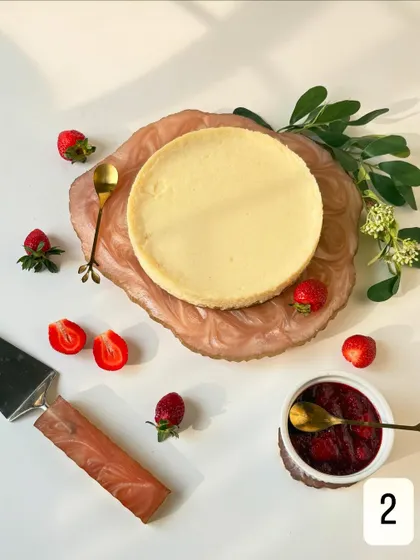 A beautifully styled shot of my Baked Yogurt Cheesecake, ready to be served. This dessert is perfect for those who want a lighter, yet satisfying, gourmet treat.