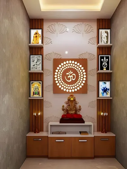 A beautiful pooja unit with a backlit "Om" symbol at its center. The design includes multiple shelves for displaying framed pictures of deities and a cabinet for storage.