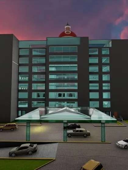 This is a 3D render of a five-star hotel I designed, showing the main entrance and porte-cochère. The design aims for a grand and welcoming arrival experience, with clear zoning for vehicle and pedestrian traffic.
