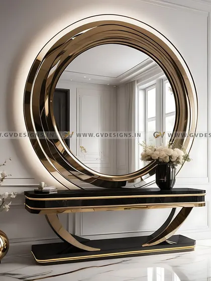A foyer should make a grand first impression. This design features a bespoke console table beneath a stunning round mirror with a layered metal frame and backlighting, creating an exquisite symphony of luxury and design.