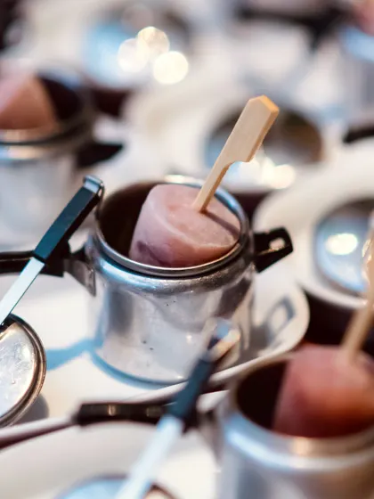 A playful presentation of our pomegranate sorbet, served in a miniature pressure cooker. It’s these small, whimsical details that make the dining experience memorable.