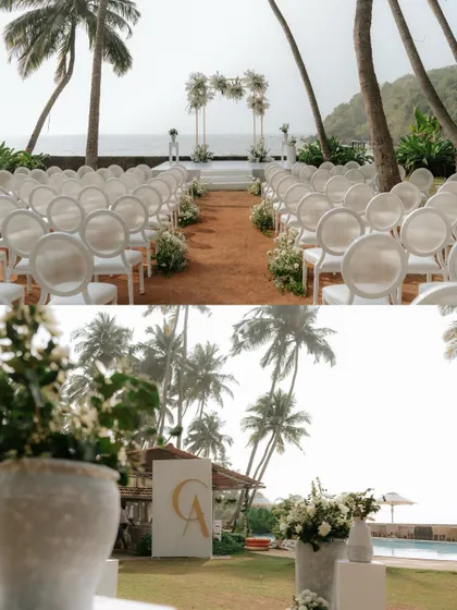 The serene and elegant setup for a Christian beach wedding in Goa. I capture the decor and ambiance to set the scene for your wedding album.