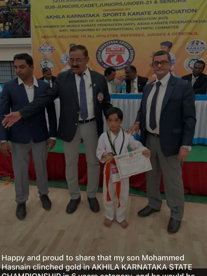 A proud father and coach moment. My son Mohammed Hasnain won gold in the 6 years category at the Akhila Karnataka State Championship.