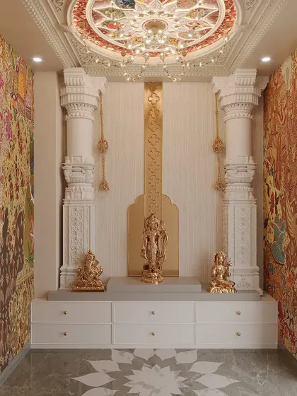 We transform spirituality into art. This luxurious mandir design features intricate pillars, a stunningly detailed ceiling medallion, and custom wallpaper to create a space that feels like a true sanctuary.