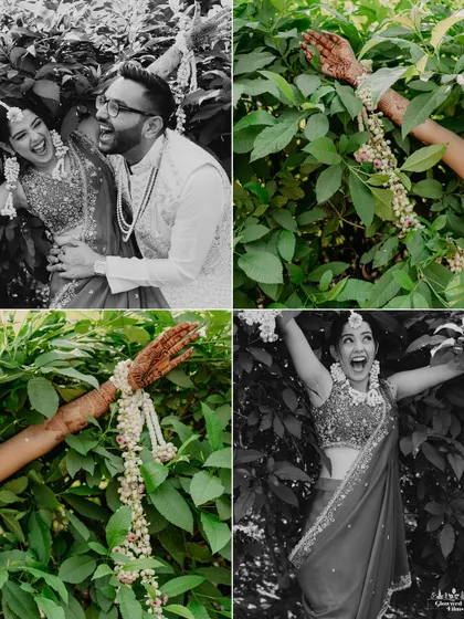 The couple shares a laugh amidst lush greenery, with close-ups of the bride's floral kaleeras, a beautiful detail of her Haldi look.