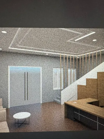 A 3D render of a modern office reception area. The design features a minimalist desk, a staircase with vertical wooden slats, and a coffered ceiling with integrated LED lighting.