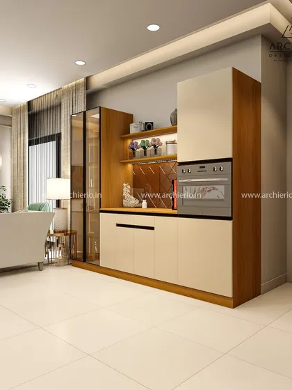 A custom-built crockery and bar unit that combines open shelves, glass-front cabinets, and a dedicated niche for a built-in oven.