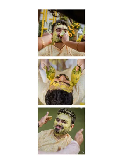 A collage showing the groom's many expressions during his Haldi. From playful pouts to happy smiles, it's a story of fun and family.